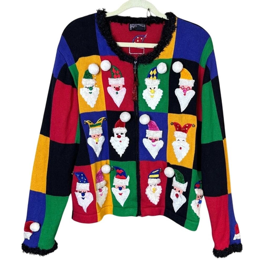 Vintage Berek Santa Christmas Zip Front Cardigan Sweater Size XL